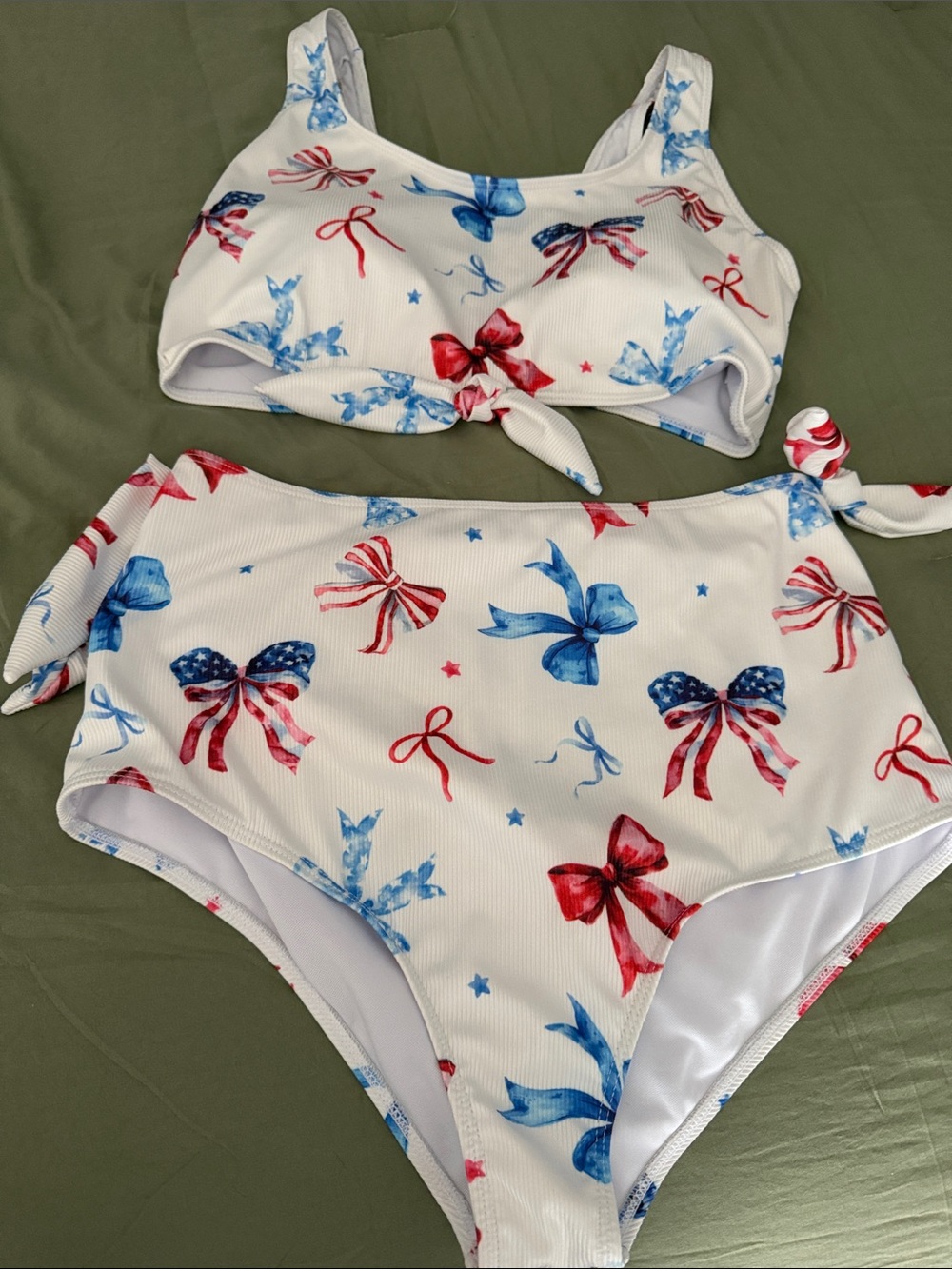 Women’s White Two-Piece Swim Set with Red & Blue Bow Print